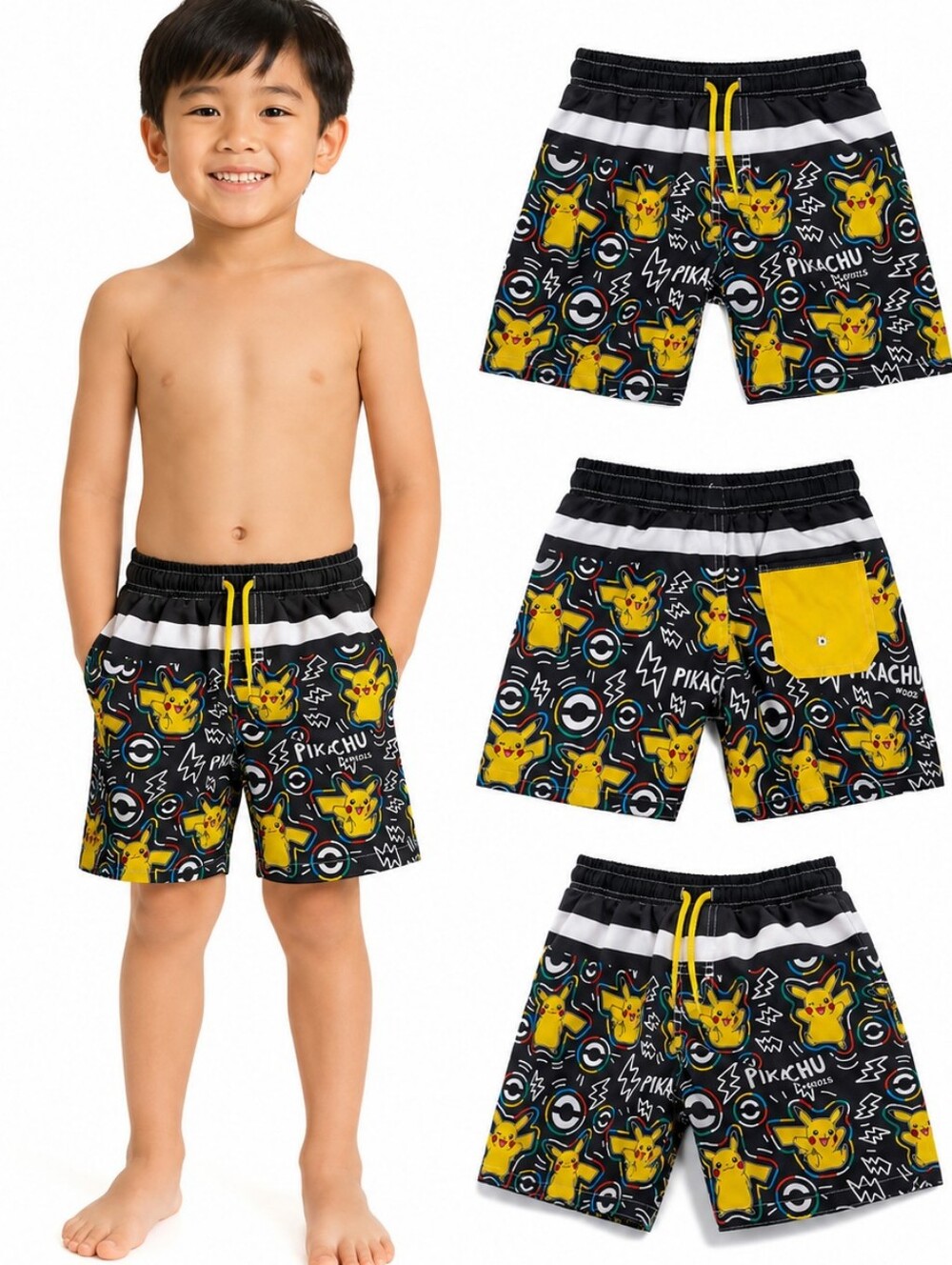 POKEMON Boys Black and Yellow Pikachu Swim Trunks SIZE 4-5 NWT